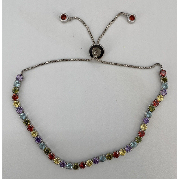 Sterling Silver 925 Lariat Tennis Bracelet w/ Multicolor Rainbow CZ Stones NEW - Picture 2 of 4